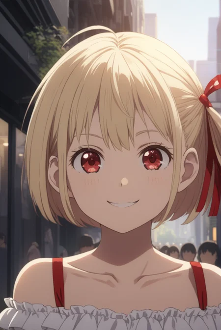 masterpiece, best quality, highres, 4k, 8k, intricate detail, cinematic lighting, amazing quality, amazing shading, soft lighting, Detailed Illustration, anime style,
chisatonishikigi, <lora:chisato-nishikigi-s1-sdxl-lora-nochekaiser:0.75>,
chisato nishikigi, short hair, bangs, blonde hair, red eyes, hair ribbon, one side up, bob cut, smile,
shirt, bare shoulders, twintails, collarbone, hair ribbon, white shirt, frills, off shoulder, red ribbon, short twintails, off-shoulder shirt, frilled shirt,
outdoors, cityscape, crowd, people,
looking at viewer, full body,