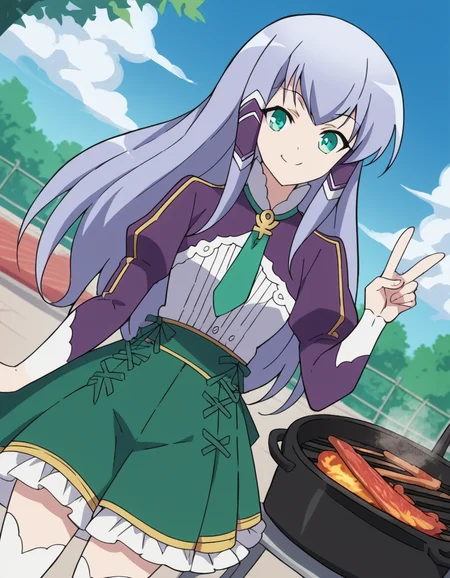 score_9, score_8_up, score_7_up, source_anime, <lora:elze-silhoueska-s2-ponyxl-lora-nochekaiser:1>, elze silhoueska, long hair, blue eyes, green eyes, blue hair, aqua eyes, hair tubes,, skirt, thighhighs, white thighhighs, puffy sleeves, white shirt, necktie, green necktie, purple sleeves, green skirt, frilled skirt, backyard, barbecue, grilling, laughter, summer evening, smile, v,, looking at viewer, solo,, dutch angle, cowboy shot
