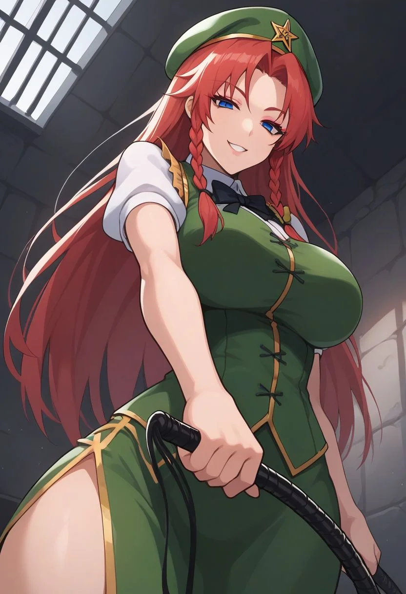 source_anime, 
1girl, solo, hong meiling, 
light red hair, blue eyes, long hair, braid, 
messy hair, 
beret, 
makeup, (red eyeshadow, black eyeliner:1.2), 
eyelashes, lip, 
large breasts, curvy, toned, (wide hips:0.9), 
pale skin, 
frilled chinese clothes, bowtie, green vest, 
frilled dress shirt, puffy sleeves, short sleeves, 
long skirt, side slit, 
whip,
half-closed eyes,  
(constricted pupils:0.8), 
smile, 
looking at viewer, 
(from below:1.2), 
indoors, prison,
