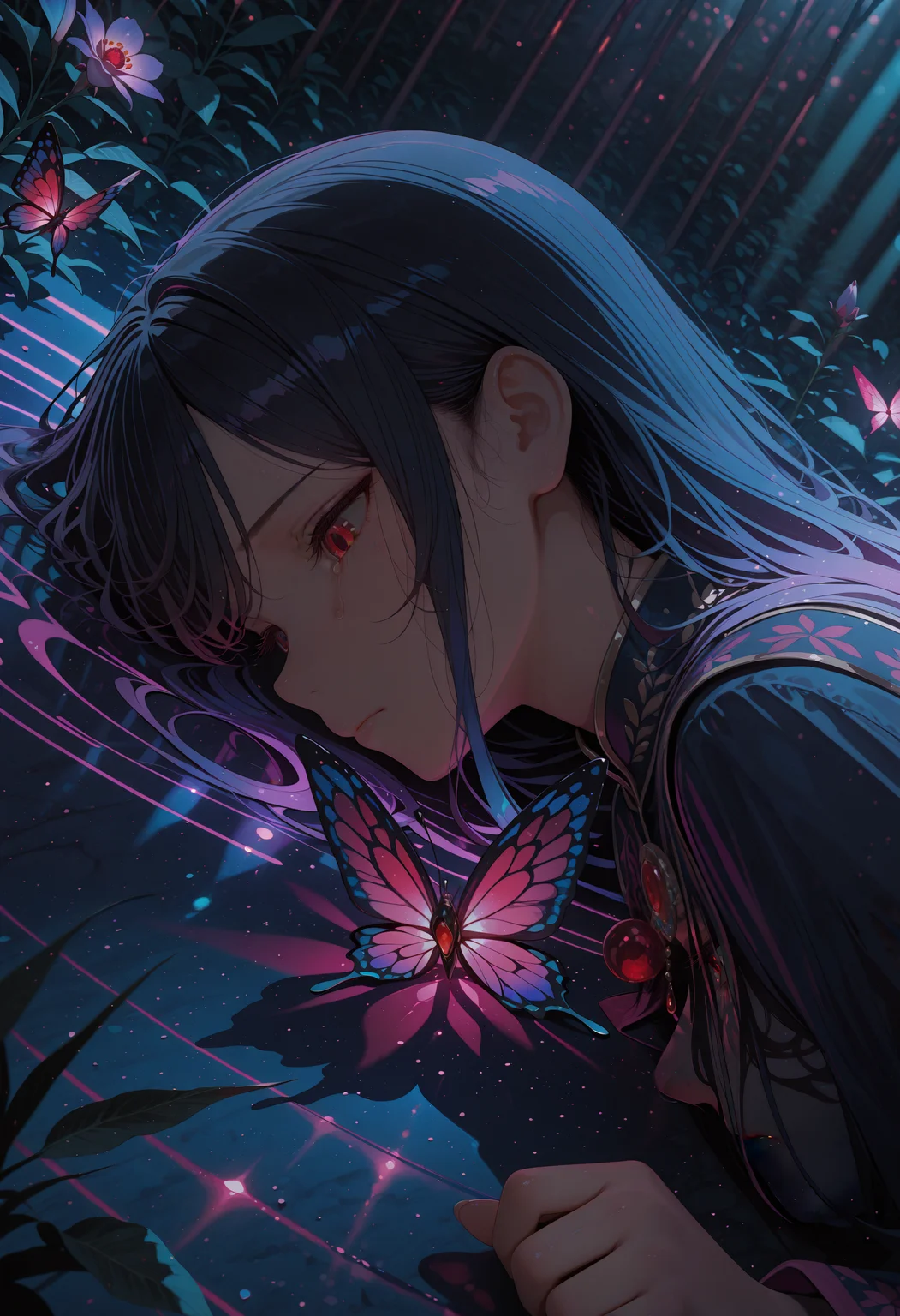 masterpiece, best quality, very aesthetic, absurdres, stylized, newest, depth of field, HDR, high contrast, sharp focus, 8k resolution, digital art, anime style, vibrant colors, photorealistic, smooth gradients, fantasy art style, cinematic lighting, mystical aura, soft shadow, art nouveau inspired, (soft lighting:1.2), (lighting from above:1.2), (scenery), (detailed background design),
BREAK,
Anime girl, 1girl, solo, Anime girl, lying on back, (long dark hair:1.2), (light skin:1.1), (detailed facial features:1.3), (sad expression:1.2), (profile view:1.2), (looking down:1.2), wearing light-colored, detailed clothes, (accessories:1.1), (body type:1.1), vibrant neon blue and purple lighting, (red eyes:1.2), surrounded by many
small, glowing butterflies
BREAK
(dark blue environment:1.2), flowers and plants, (detailed background:1.1), vibrant, cool color palette, digital art style, anime style, (lighting effect:1.2), beautiful composition, upper center frame position, photorealistic, intricate, detailed, high detail, 8k resolution, glowing effect, artistic