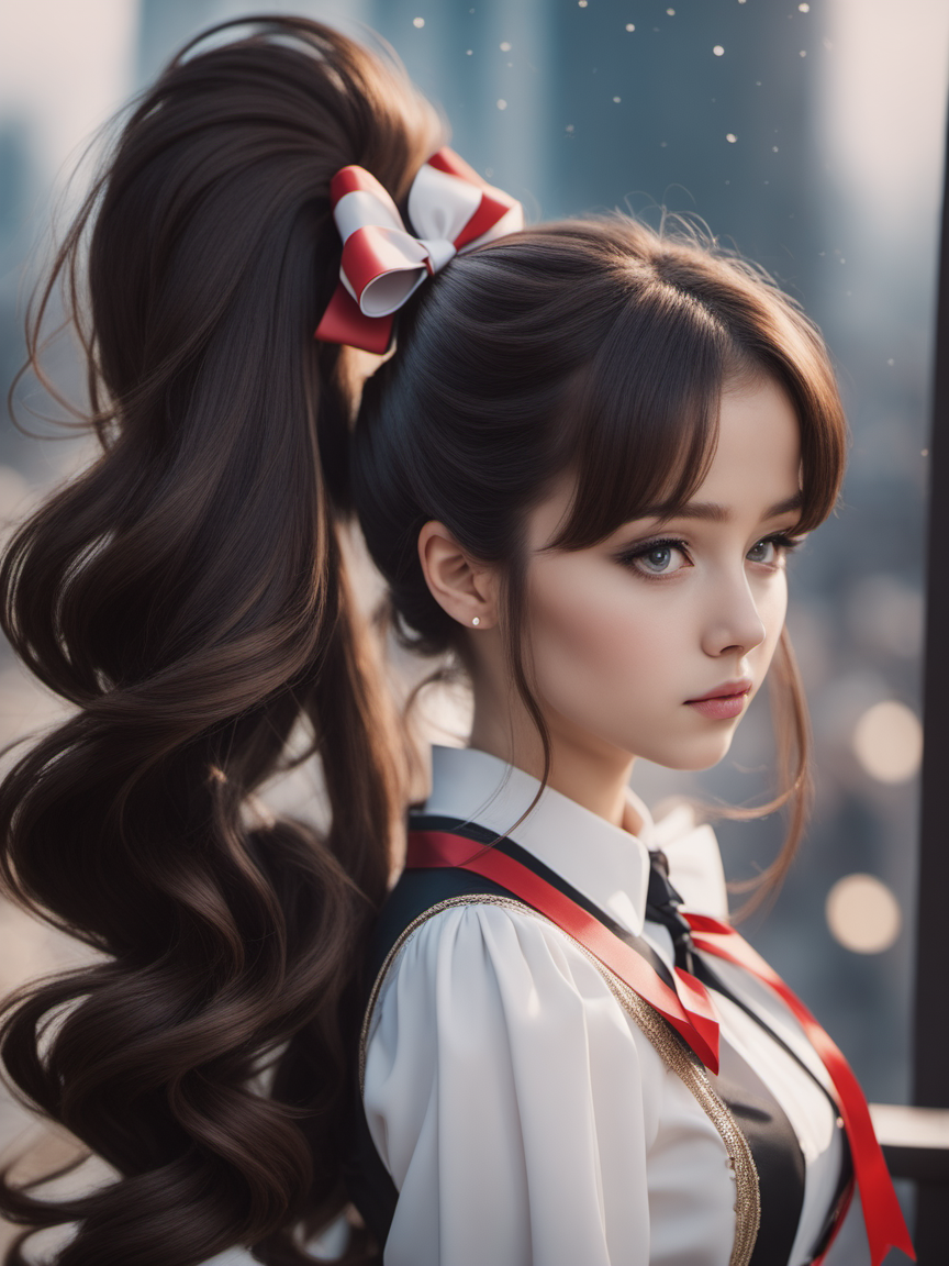 cinematic photo solo, cute girl, mega ponytail, big hair, 1girl, brunette, ((large hair ribbon bow)) <lora:xl_mega_ponytail-1.0:0.6> . 35mm photograph, film, bokeh, professional, 4k, highly detailed