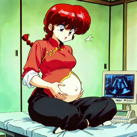 PonyXLV6_Scores, masterpiece, best quality, 4k,,
indoors, very aesthetic, detailed background, full body,
1girl, perfect eyes, anime coloring, retro artstyle, 1990s \(style\), 1girl, solo, ranma-chan, red hair, long hair, single braid, blue eyes, medium breasts, chinese clothes, tangzhuan, red shirt, (sleeves rolled up:1.3), black pants, shocked, pregnant,
<lora:ultrasound:1> ultrasound,