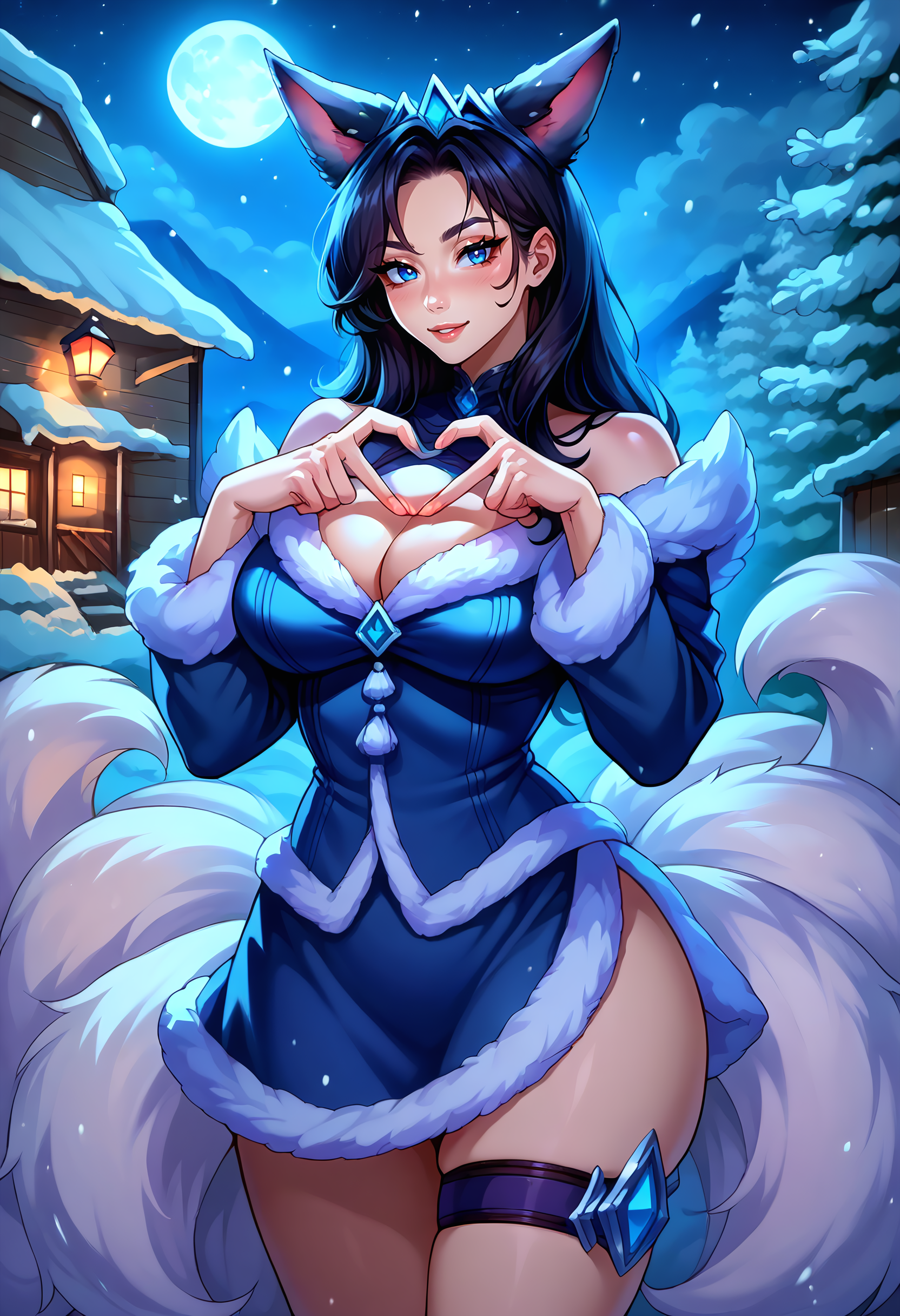 score_9, score_8_up, score_7_up, source_anime BREAK 1girl, solo, looking at viewer,  cowboy shot, 
<lora:Ahri_Midnight_pdxl_Incrs_v1:1>, ahrimidnght, animal ears, facial mark, fox tail, multiple tails, long hair, black hair, blue eyes, large breasts, choker, dress, fur trim, bare shoulders, cleavage, thigh strap,
large breasts, skindentation, seductive smile, heart hands, heart  fingers,  <lora:Heart_Fingers__Concept_Lora:1>,
night, moon, moonlight, snowing, snow, winter, cabin, lamp,