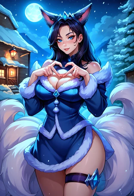 score_9, score_8_up, score_7_up, source_anime BREAK 1girl, solo, looking at viewer,  cowboy shot, 
<lora:Ahri_Midnight_pdxl_Incrs_v1:1>, ahrimidnght, animal ears, facial mark, fox tail, multiple tails, long hair, black hair, blue eyes, large breasts, choker, dress, fur trim, bare shoulders, cleavage, thigh strap,
large breasts, skindentation, seductive smile, heart hands, heart  fingers,  <lora:Heart_Fingers__Concept_Lora:1>,
night, moon, moonlight, snowing, snow, winter, cabin, lamp,