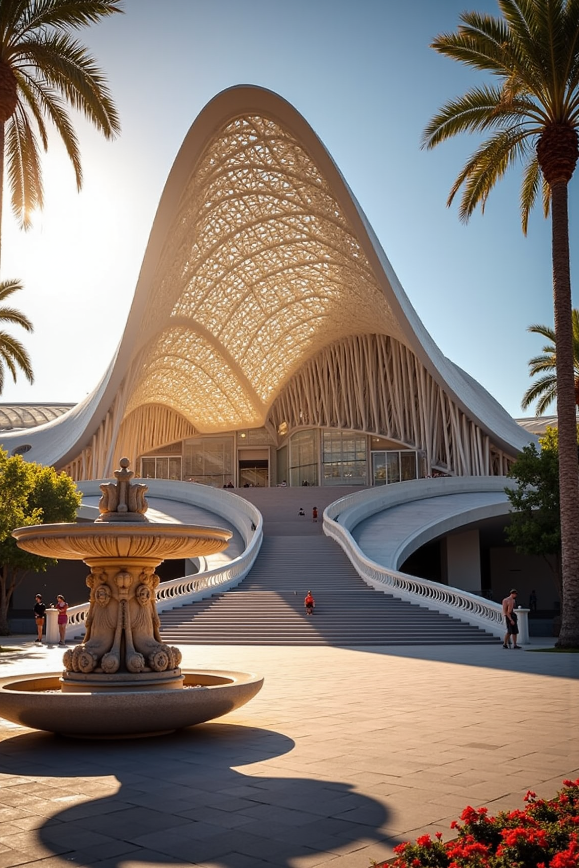 YFG-Sm0rg, Create an image of the Museu de les Ciències Príncep Felip in Valencia, Spain from a low-angle perspective, looking upwards towards the majestic steel and stone structure designed by Santiago Calatrava. The sun is shining down on the building, casting a warm glow over its intricate details.
The main entrance is the focal point of the image, with its sweeping arches and grand staircase leading up to the museum's main hall. The delicate latticework of the stairs and railings is visible in exquisite detail, as if one could reach out and touch it.
The surrounding plaza is filled with lush greenery, including tall palm trees and vibrant flowers that add a pop of color to the scene. A few people are milling about, taking in the beauty of the building, but they should be small enough not to overpower the main subject.
In the foreground, place a small ornate fountain with intricate stone carvings depicting mythological creatures. The water features should be turned off for this image, allowing the viewer's eye to focus on the stunning architecture.
The camera angle is from directly below the entrance, about 10-15 feet back from the building, and positioned at an angle that allows one to see the full grandeur of the Calatrava design. The lighting is soft and golden, with a slight haze in the background to give a sense of depth and atmosphere.
The image should be rendered in vivid color, with deep shadows and highlights that accentuate the texture and detail of the building's surfaces.