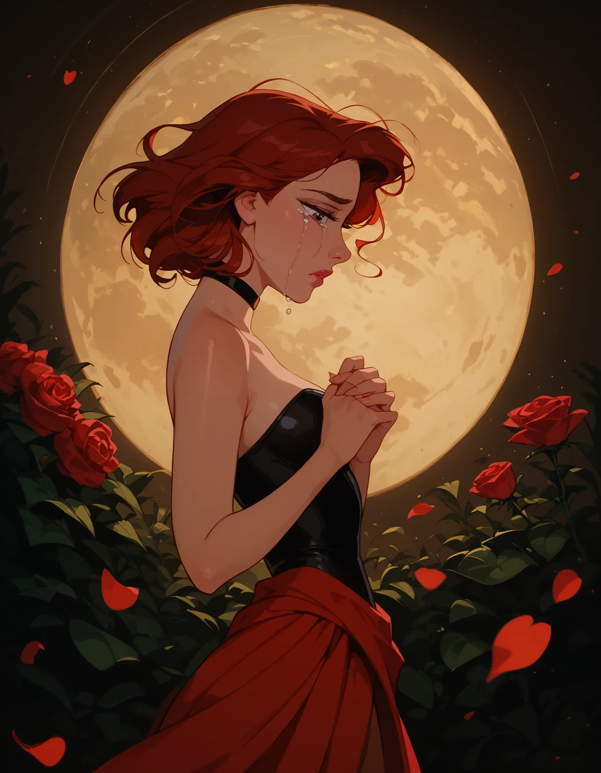 <lora:Disney_Style:.9> <lora:princess_xl_v2:.75> <lora:add-detail-xl:.9> <lora:g0th1cPXL:.3> <lora:Cherry-Gig:.45> <lora:Expressive_H:1> <lora:PLASTT_PonyV6:1> score_9, score_8_up, score_7_up, zPDXL, DisneyRenstyle, score_9,score_8_up,score_7_up,score_6_up, scenic balcony, night, moon, moon light, (red flower petals floating behind girl, floating rose petals behind girl, romantic), (((standing, 3/4 view, side view, side profile))),
1girl, attractive 18 year old, red hair, short hair, messy hair, brown eyes, (((sad expression, tears, heartbroken))), (((hands together, looking down))), (solo), (black leotard:1.2, high neck), (red sarong, black choker), shiny skin, perfect reflection, small hips, slender, hourglass figure, attractive, shiny skin, perfect reflection, small hips, slender, perfect face, perfect hands, g0thicPXL, Expressiveh,
score_9, score_8_up, score_7_up, depth of field, realistic shadow, motion lines, Expressiveh, realistic, dramatic lighting, beautiful, animation, sharp focus, award winning, masterpiece, dynamic, cinematic lighting, great attention to skin and eyes, breathtaking, exquisite, exceptional,