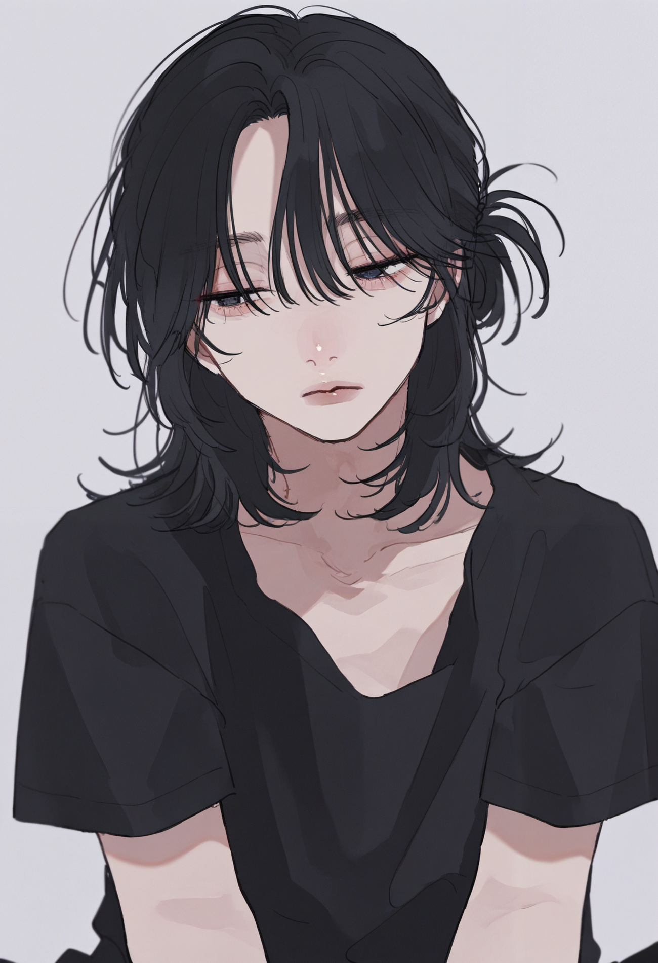 masterpiece, best quality, amazing quality, absurdres, newest, very awa, 
1boy, male focus, black hair, half updo, medium hair, black shirt, straight-on, head tilt, :/, looking away, half-closed eyes, simple background,
<lora:tami_moon:1>
<lora:spo_sdxl_10ep_4k-data_lora_webui:0.75>,