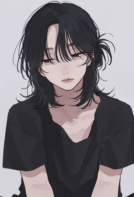 masterpiece, best quality, amazing quality, absurdres, newest, very awa,
1boy, male focus, black hair, half updo, medium hair, black shirt, straight-on, head tilt, :/, looking away, half-closed eyes, simple background,
<lora:tami_moon:1>
<lora:spo_sdxl_10ep_4k-data_lora_webui:0.75>,