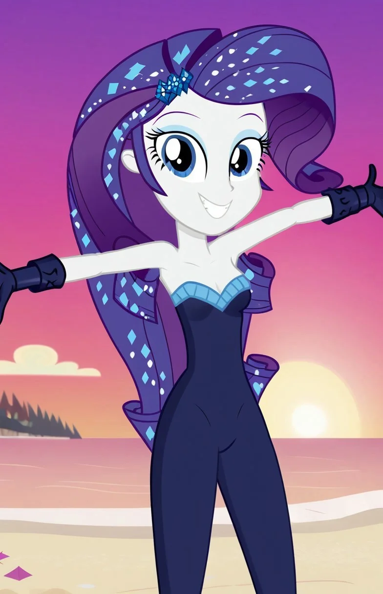 detailed eyes, Rarity, looking at you, 1girl, solo, arms stretched, spread arms, happy eyes, high hells, open high heels, legs, crystal high heels, dark blue socks, scattered diamonds on lower legs, show body, happy face, smiling, teeth, dusk, breasts, petite body, beach, sunset, scattered diamonds in hair, sparkling hair, hair glitter speckles, strapless bodysuit, dark blue outfit, dark blue gloves, (flat shading, soft shading), ((equestria girls, show accurate:1.2))