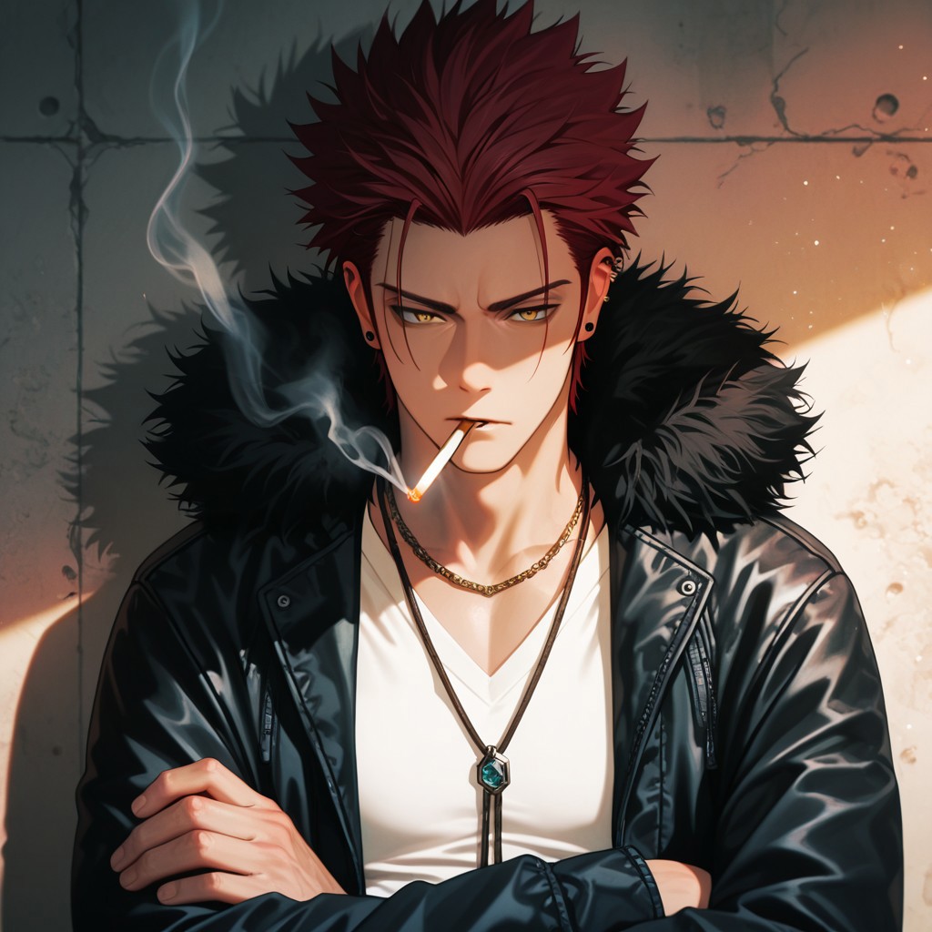masterpiece, best quality, amazing quality, absurdres, newest, detailed background, definition so sharp, Ultra-HD, 8K cinematic, very awa, impressionate, amazing quality, highres, 
solo, male focus, manly, shadow, shiny skin, bokeh, warm light, light particle,
1boy, spiked hair, short hair, mikoto_red hair, mikoto_yellow eyes, mikotosuoh, black jacket, fur trim, v-neck, white shirt, necklace, ear piercing, crossed arms, calm face, smoking, smoke,
