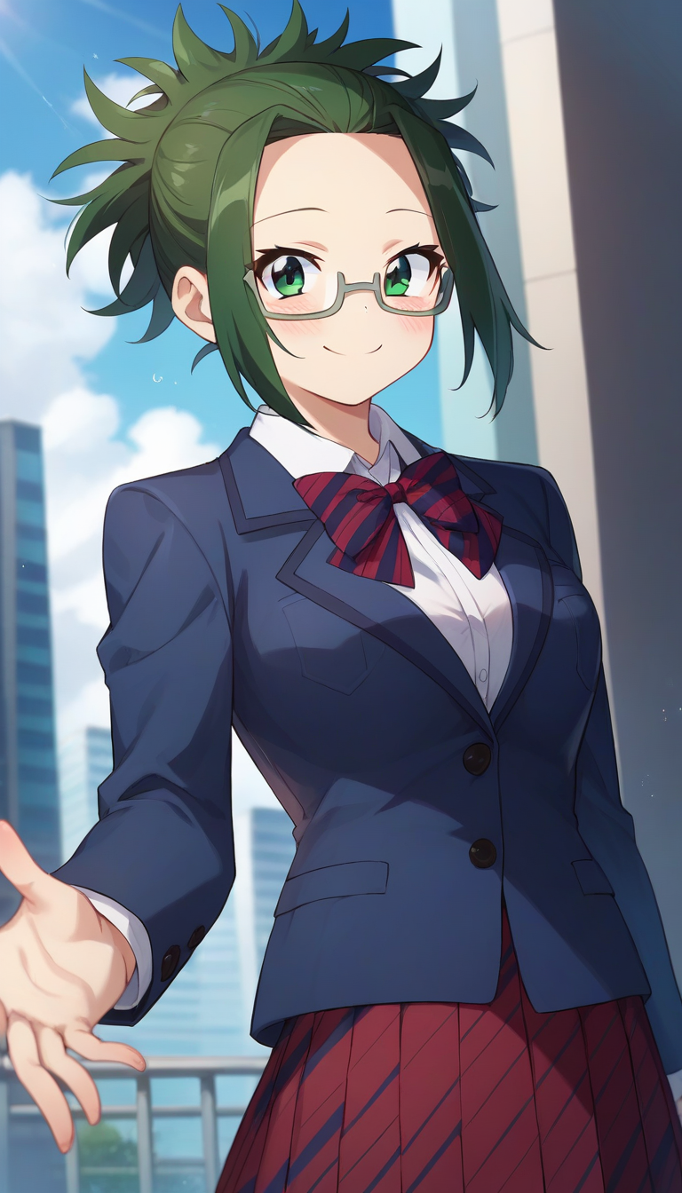 score_9,score_8_up,score_7_up,score_6_up BREAK official art,solo,outdoors,upper body,looking at viewer,facing viewer,smile,blush,Agari Himiko,short hair,green hair,short ponytail,spiked hair,forehead,green eyes,glasses,semi-rimless eyewear,grey-framed eyewear,school uniform,blue jacket,blazer,collared shirt,white shirt,red bowtie,striped bowtie,diagonal-striped bow,medium breasts,skindentation,long sleeves,red skirt,pleated skirt,striped skirt,black socks,loafers,<lora:Agari Himiko(kcc)-Pony:1.2>,