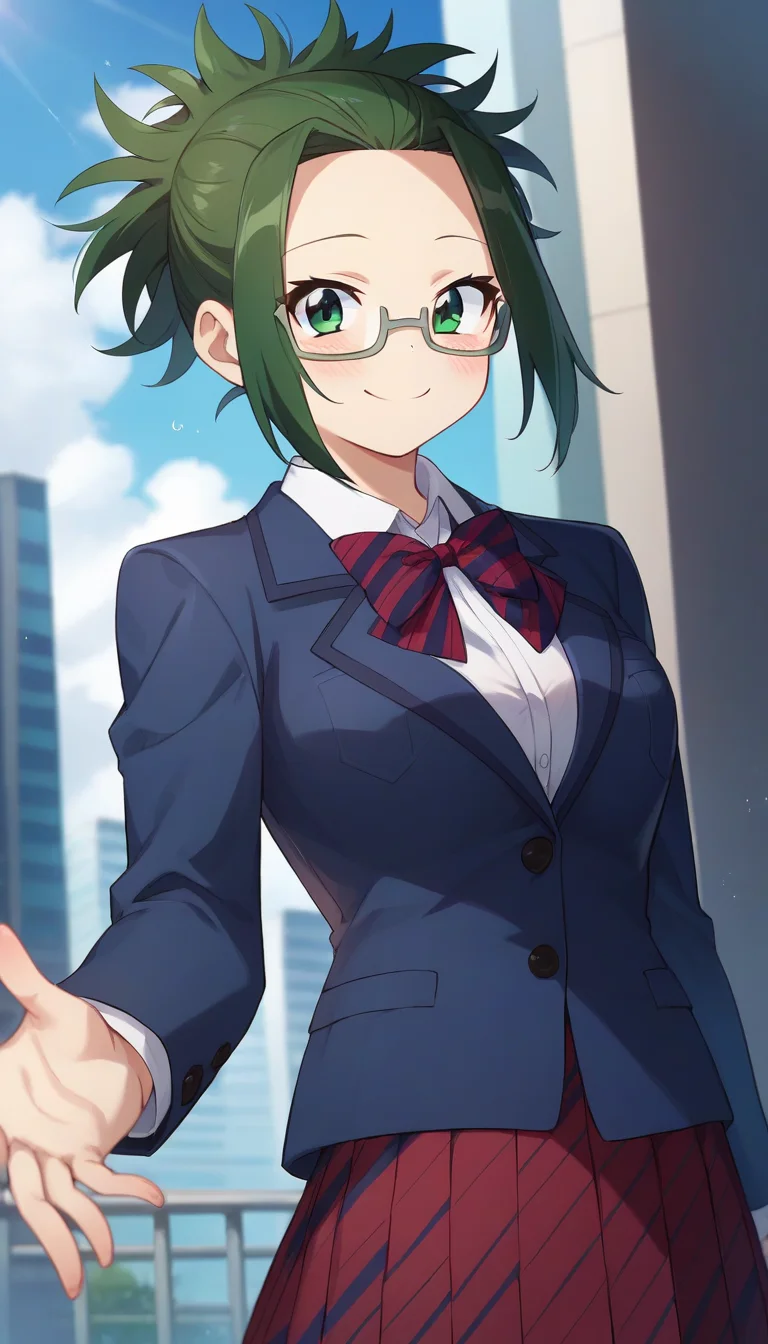 score_9,score_8_up,score_7_up,score_6_up BREAK official art,solo,outdoors,upper body,looking at viewer,facing viewer,smile,blush,Agari Himiko,short hair,green hair,short ponytail,spiked hair,forehead,green eyes,glasses,semi-rimless eyewear,grey-framed eyewear,school uniform,blue jacket,blazer,collared shirt,white shirt,red bowtie,striped bowtie,diagonal-striped bow,medium breasts,skindentation,long sleeves,red skirt,pleated skirt,striped skirt,black socks,loafers,<lora:Agari Himiko(kcc)-Pony:1.2>,