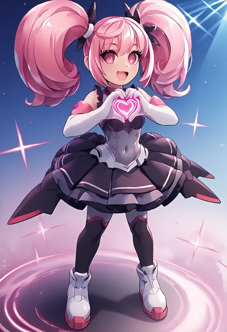 score_4,score_5,score_6,score_7_up,score_8_up,score_9
((masterpiece,best quality,ultra detailed,highres,HD,4k:1.2)),
1 cute girl,girl forcus,
full body,long hair,twintail,pink hair,pink eyes,Black conjunctiva,
elbow gloves,covered navel,body suit,skirt,boot,black knee socks,
stage,idol stage,((Make a heart symbol with both hands, heart with both hands,heart hands,heart symbol)), looking at the audience,
happy, smile, open mouth,wink,