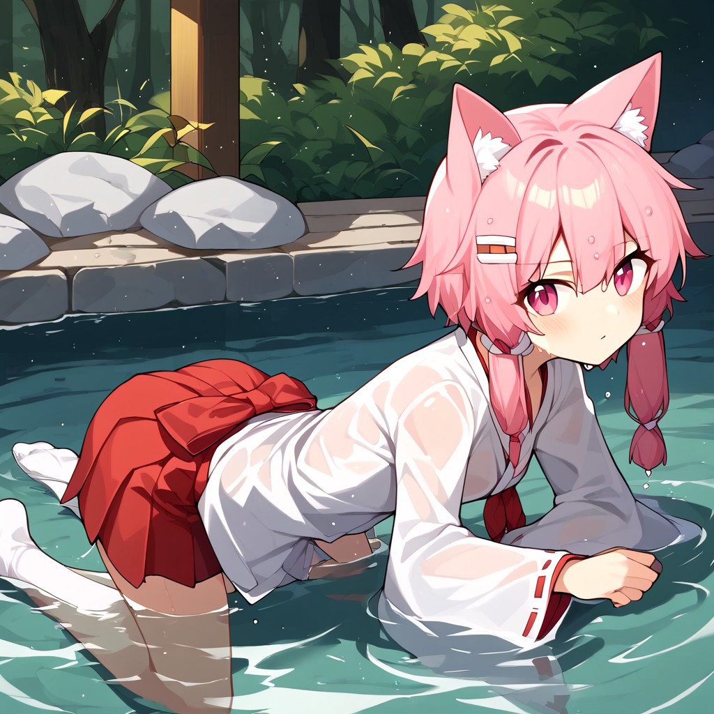 Aomokoka Style,nochekaisershot,
1girl,japanese clothes, hairclip, wide sleeves, ribbon trim, long sleeves, hakama skirt, miko, sleeves past wrists, red hakama, white kimono, tabi, ribbon-trimmed sleeves, pinching sleeves,yuika3,cat ears,Expressiveh,nochekaisershot,pink hair,solo,pink eyes,wet clothes,see-though,in the water