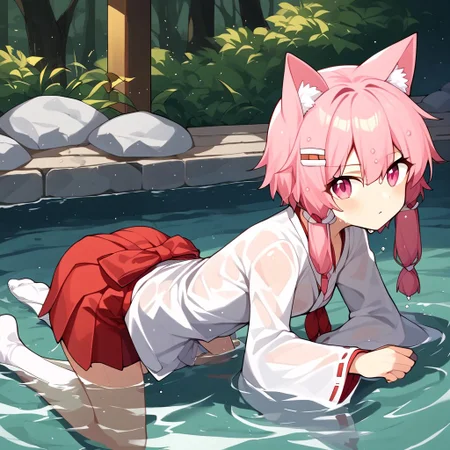Aomokoka Style,nochekaisershot,
1girl,japanese clothes, hairclip, wide sleeves, ribbon trim, long sleeves, hakama skirt, miko, sleeves past wrists, red hakama, white kimono, tabi, ribbon-trimmed sleeves, pinching sleeves,yuika3,cat ears,Expressiveh,nochekaisershot,pink hair,solo,pink eyes,wet clothes,see-though,in the water