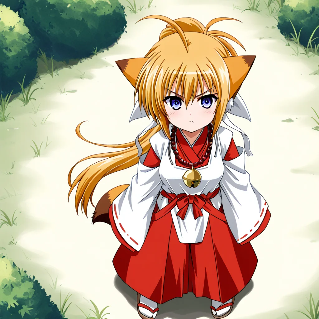 masterpiece, kuon_(triangle_heart), best quality, standing, 1girl, solo, miko, anime coloring, japanese clothes, bead necklace, bell necklace, two-tone fox tail,two-tone fox ears, hakama skirt, blonde hair, long ponytail, breasts, red hakama, detached sleeves, blue eyes, white hair ribbon, from above, standing, full body, <lora:Triangle_Heartã¨ãããããããã¼ã_-_Kuon:1>