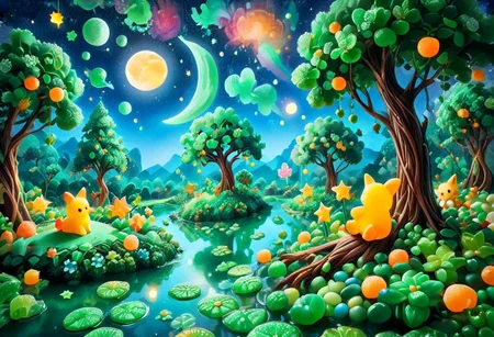 Sinoink, score_9, score_8_up, score_7_up, score_6_up, 1girl, chibi, sitting on candy tree branch , made out of jade, fresh, refreshing iridiscent, night sky, candy moon, candy stars, magical orchard , bokeh, midjourneyv6.1
