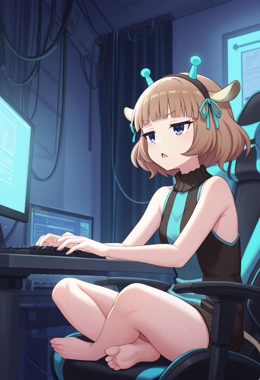 1girl,solo,<lora:gililiil:0.8>,gilili_(show_by_rock!!),blue eyes,jitome,brown hair,short hair,blunt bangs,hairband,horns,hair ribbon,animal ears,tail,sleeveless,bare shoulders,black sweater,cowboy_shot,night,electrical room,laboratory,cable,sitting,indian_style,computer_keyboard,gaming_chair,computer,frown,typing,triangle_mouth,thinking,leaning_forward,barefoot,open mouth,masterpiece,best quality,good quality,newest,incredibly absurdres,