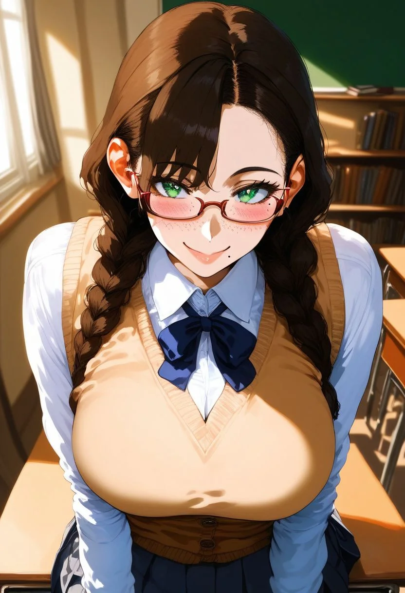score_9, score_8_up, score_7_up, score_6_up, source_anime, <lora:GAI S2 v0.1:1>,
1girl, braid, glasses, solo, twin braids, brown hair, breasts, green eyes, mole, large breasts, school uniform, freckles, sweater vest, long hair, mole under mouth, looking at viewer, smile, blush, shirt, bookshelf, semi-rimless eyewear, hand on own chest, neck ribbon, ribbon, under-rim eyewear, hair over shoulder, cardigan vest, long sleeves, classroom,