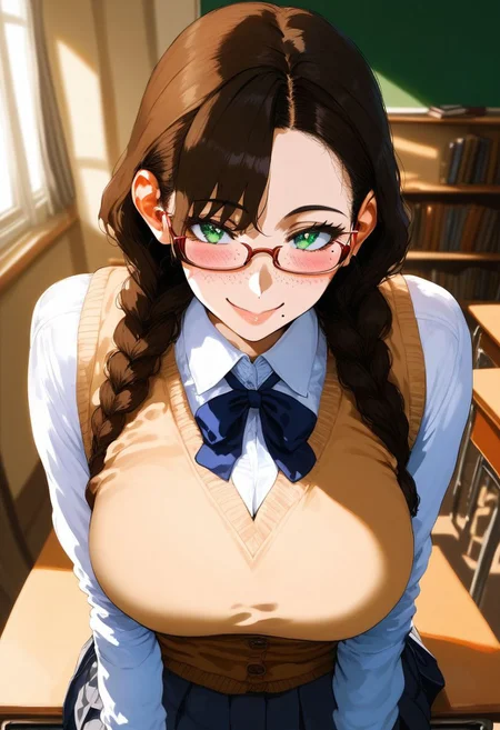 score_9, score_8_up, score_7_up, score_6_up, source_anime, <lora:GAI S2 v0.1:1>,
1girl, braid, glasses, solo, twin braids, brown hair, breasts, green eyes, mole, large breasts, school uniform, freckles, sweater vest, long hair, mole under mouth, looking at viewer, smile, blush, shirt, bookshelf, semi-rimless eyewear, hand on own chest, neck ribbon, ribbon, under-rim eyewear, hair over shoulder, cardigan vest, long sleeves, classroom,