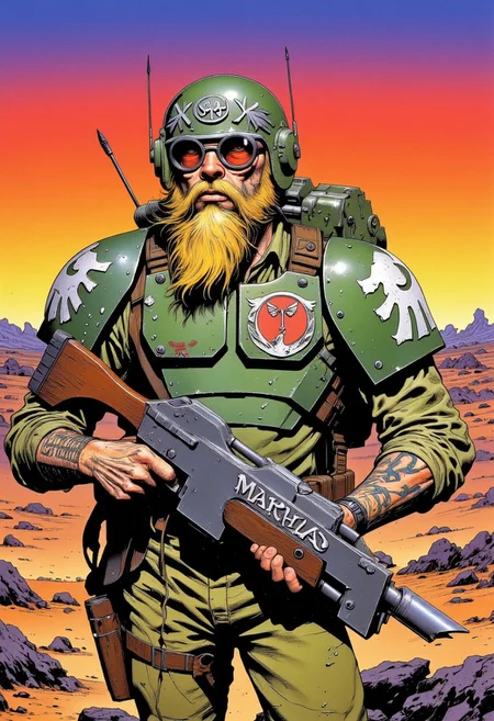 solo, warhammer 40,000, an illustration of member of the imperial guard, body armor, helmet, round sunglasses, lasgun, red-dot sight on top of lasgun, aquila emblem on chestplate, white shoulder markings, ammunition pouches, knife scabbard, wearing grenades, Sleeves rolled up above elbows, mandarin collar, olive drab uniform, kneepads, combat boots, tattooed forearms, full beard, well-groomed, blonde, post-apocalyptic background, desert, in style of comic book, flat colors, Psychedelic Portrait, Colorful, Psychedelic Style, The phrase "Murder Patrol" is hand-painted on his helmet, sunset, volumetric lighting, profile, side-view,