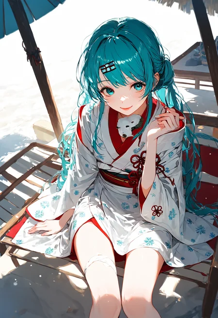 score_9,score_8_up,score_7_up,,source_anime BREAK, 1girl, solo,, s1_dram, from above, on beach chair, , , SHM13, hatsune miku, 1girl, NOwataboushi, uchikake, yuki miku, japanese clothes, solo, kimono, sakazuki, long hair, smile, aqua hair, white background<lora:S1_Dramatic_Lighting_v2:0.8>,<lora:éªãã¯13:1>
