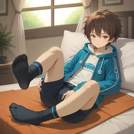 score_9,score_8_up,score_7_up,source_cg,masterpiece,best quality,high-detailed BREAK <lora:fxs:0.7>,1boy,male focus,brown hair,brown eyes,closed mouth,looking at viewer,jacket,long sleeves,bangs,short hair,hair between eyes,solo,shirt,full body,no shoes,shorts,hoodie,(hood down:1.2),bedroom,bed,lying,black socks,foot focus,legs up,