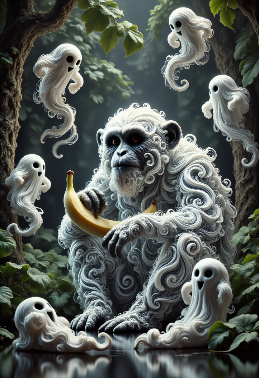 aidmafluxpro1.1,
A monkey made of ghosts is eating a banana. The scene is set in a tropical forest, the setting is surreal with swirly ghosts flying around.
masterpiece, best quality