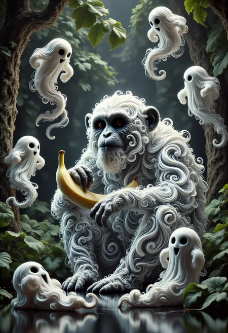 aidmafluxpro1.1,
A monkey made of ghosts is eating a banana. The scene is set in a tropical forest, the setting is surreal with swirly ghosts flying around.
masterpiece, best quality