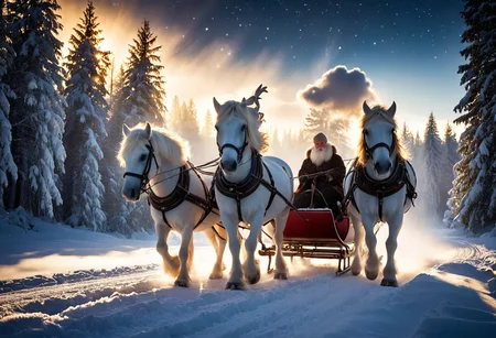 picture of a perfect holiday,
(a strong man of 60 years old with a long snow-white beard in the image of Russian, Slavic Ded Moroz)) sits in a sleigh and controls a sleigh pulled by three beautiful white horses, a bright happy smile looking at the viewer,
a wide snow-covered road among a dense coniferous forest,
winter, a bright sunny frosty day, fluffy Christmas trees in snow, snow sparkles under the rays of the sun, bright sun, volumetric lighting,
snow-covered fir trees around, a cozy evening warm festive cheerful atmosphere of Christmas and New Year,
it's snowing, snowfall, festive New Year's atmosphere, starry sky with shining multi-colored ribbons of the northern lights, flashes of red, blue, green flowers against the background of the black sky with a bed of scatterings of stars and constellations,
absurdity, masterpiece, intricate details, fine details, high resolution, fine small details, HDR, DSLR camera, attention to detail, high resolution, bright colors, deep shadows, large depth of field, stunning contrast,
Masterpiece, (cosy atmosphere), (ultra high res, mj, best quality), (highly detailed), (cinematic), (volumetric lighting, volumetric shadows), (cozy nsfw), Amazing, (finely details), (photorealistic:1.4), warm lighting, ray tracing, dynamic lighting, (extremely clear facial details:1.4),
 <lora:sleigh_Illust_v1:1> sleigh, christmas, fur trim, sled, bell, blush, gloves <lora:DedMoroz:1> dedmoroz <lora:ChristmasWinteryXL:0.7> christmaswintery, light, rays, mystical,  <lora:Mystical Snowflakes XL:0.7> snowflakes, mystical <lora:SDXLAuroraStyle:0.3> aurora, glowing <lora:MidjourneyV6.1:0.7> photograph, midjourneyv6 <lora:great_lighting:1>
