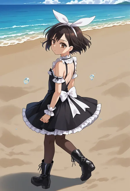 source_anime, 1boy, solo, black hair, short hair, dark brown eyes, flat breast, medium ass, brown skin, full body, hair bow, white bow, black pantyhose, sleeveless, detached sleeves, black boots, black dress, gothic, lace, waist back white bow, frill, clothing cutout, frilled dress, gothic dress, beach, wind is blowing, wind moves her skirt, ash wears a white bow on one side of her head (just a hair bow nothing else), and other big white bow on low back,
ash3,