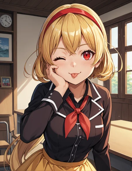 score_9, score_8_up, source_anime, 1girl, upper body, medium shot, detailed, mgrcnanaseyukika, blonde hair, low ponytail, red eyes, looking at viewer, red hairband, black collared shirt, yellow frilled skirt, hand on cheek, tongue out, wink, one eye closed, neckerchief, indoors, <lora:mgrcnanaseyukika_XL:0.85>