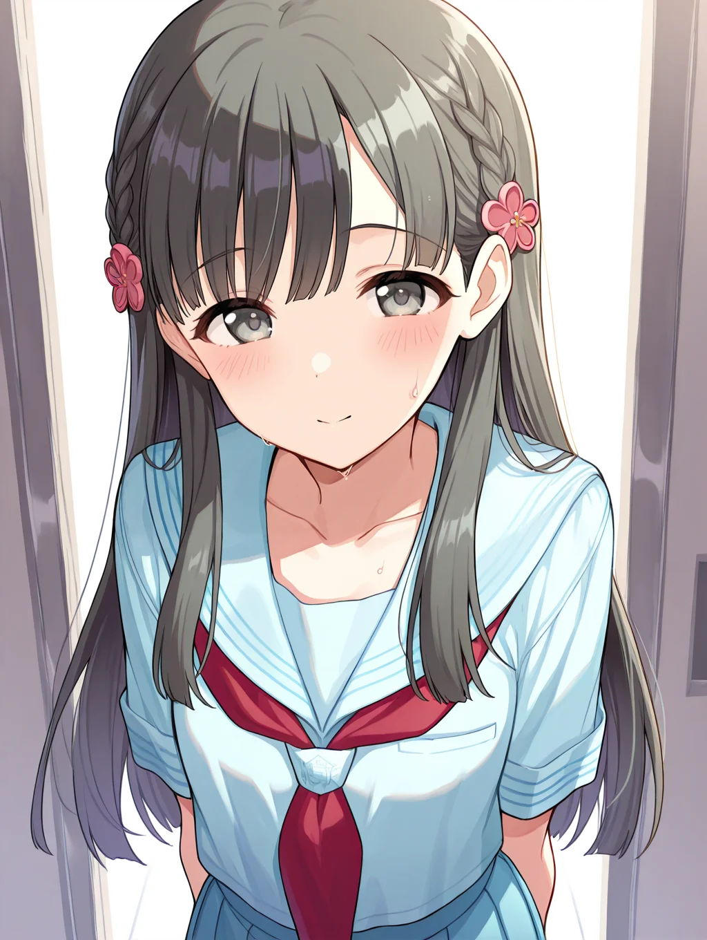 masterpiece,best quality,very aesthetic,absurdres,highres,newest,
1girl,solo,
kbykwse school,kobayakawa sae,bangs,blue skirt,blunt bangs,collarbone,flower,
grey eyes,black hair,
hair ornament,highres,long hair,
neckerchief,pleated skirt,sailor collar,school uniform,serafuku,shirt,short sleeves,skirt,white shirt,
blue sailor collar,blue serafuku,blue shirt,blush,red neckerchief,
eyebrows visible through hair,braid,
flower,hair flower,hair ornament,highres,
bangs,blunt bangs,bow,
<lora:idolmaster_kobayakawa_sae_ill_v1.0:1>,