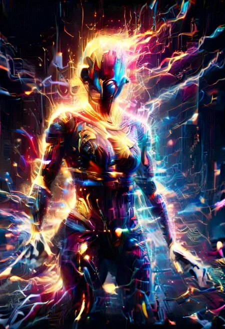 glitch, flickering, digital, glitch style, made of golden and blue and red and yellow and purple lightning thunder trails, Tali Zorah, standing, facing camera,