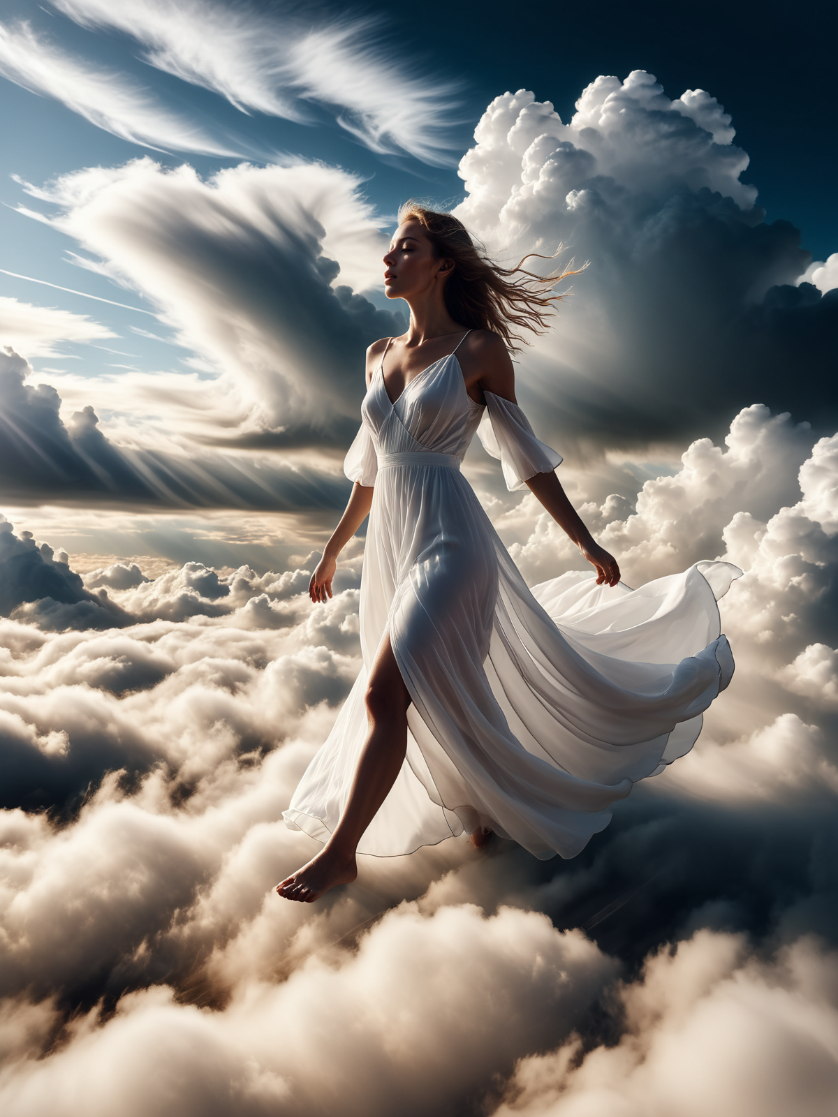 woman wearing a long white dress that floats in the wind mad-abvthclds clouds <lora:Above_the_Clouds_SDXL:0.8>, raw photo, film grain, Fujifilm XT3, (photorealistic, realistic:1.2), deep shadow,  8k, uhd, dslr, ultra high res