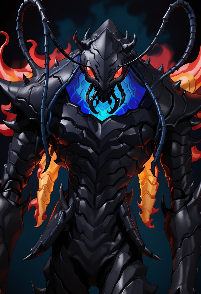 beru from the anime solo leveling known as the ant king, insectoid, humanoid, blue eyes, red eyes, gradient, black background, full armor, manga, solo, shirt, spikes, anime style, muscular male, fire, holding, helmet