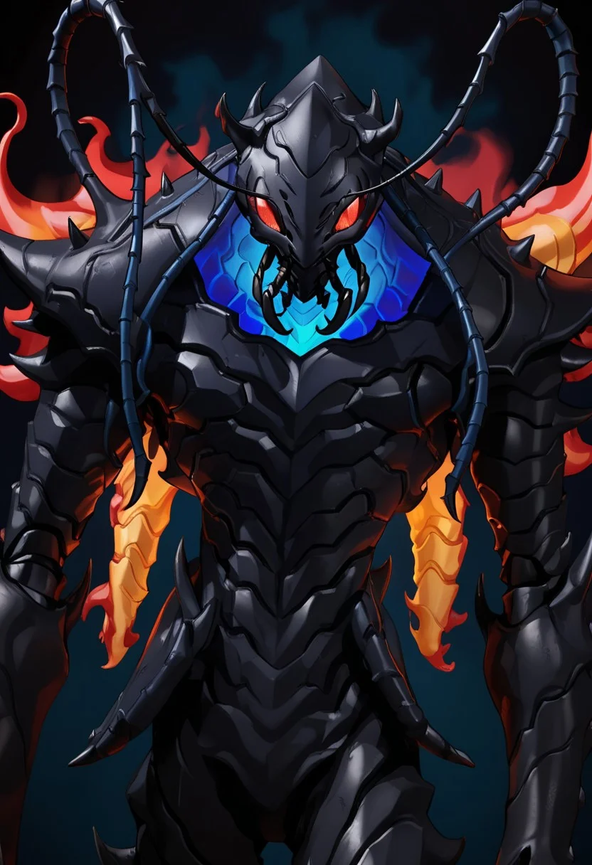 beru from the anime solo leveling known as the ant king, insectoid, humanoid, blue eyes, red eyes, gradient, black background, full armor, manga, solo, shirt, spikes, anime style, muscular male, fire, holding, helmet