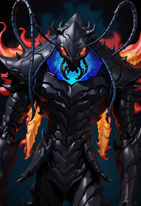 beru from the anime solo leveling known as the ant king, insectoid, humanoid, blue eyes, red eyes, gradient, black background, full armor, manga, solo, shirt, spikes, anime style, muscular male, fire, holding, helmet