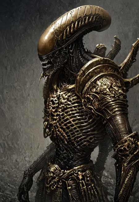 score_9, score_8_up, score_7_up, score_6_up, score_5_up, score_4_up,<lora:Fant5yP0ny:0.8>, xenomorphic creature from Lords of the Fallen, black templar armor, gold sword of Pieta, solo, gold eyes, blood on face, art by hr giger, ornamental armor, bronze cuirass