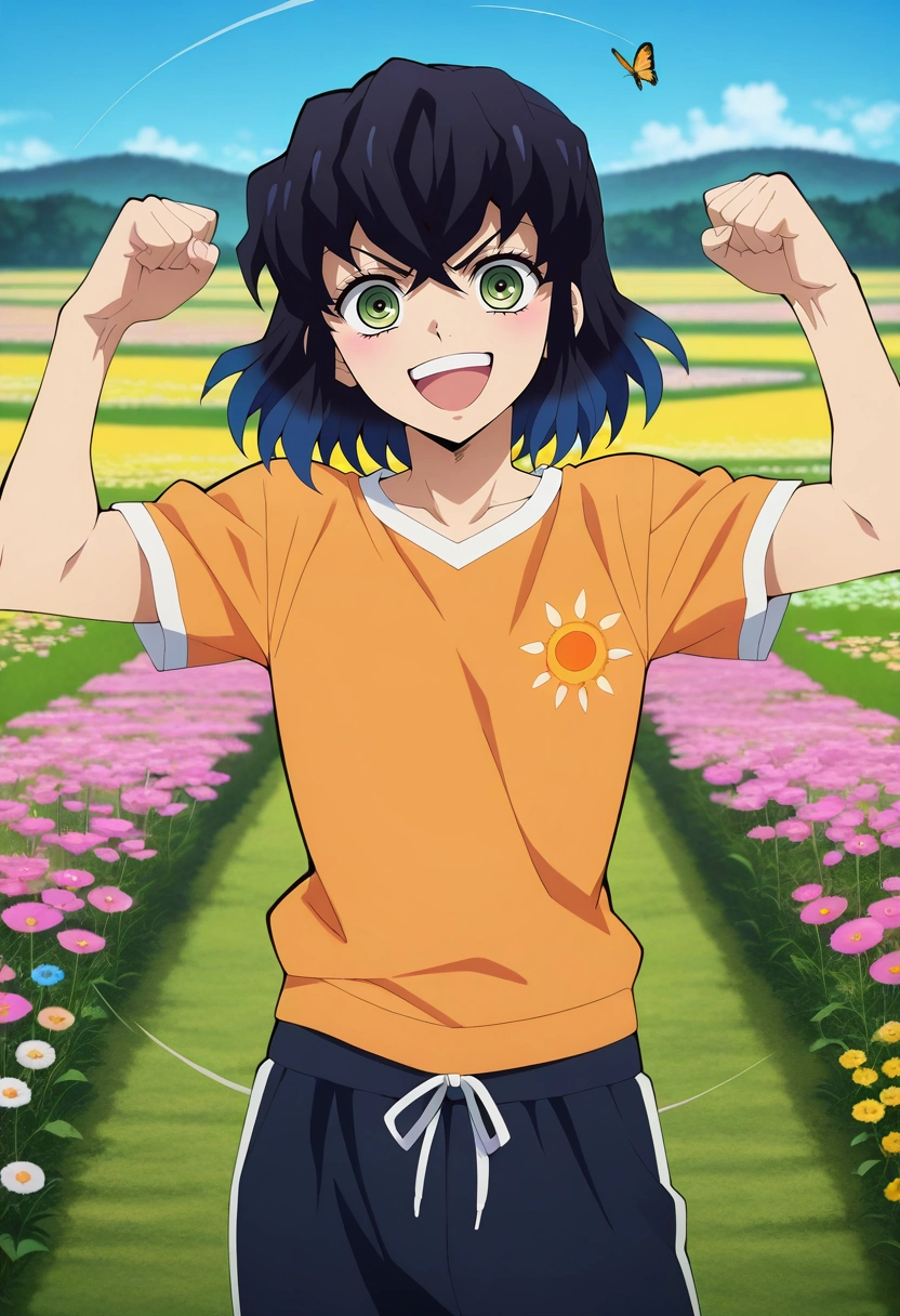 masterpiece, best quality, intricate details, anime screencap, anime coloring, official style, looking at viewer, 1boy, solo, male focus, <lora:inosuke_hashibira_ilxl:0.94>, inosuke_hashibira, , , flower meadow, wildflowers, butterflies, rolling hills, spinning pose, carefree laugh, afternoon sun, athletic wear,