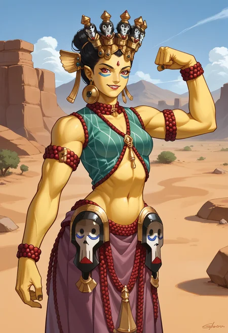 score_9, score_8_up, score_7_up, source_anime BREAK 1girl, solo, cowboy shot, desert, looking at viewer, smile
<lora:zs_DakiniXL:1> dakinismt, colored skin, yellow skin, black hair, short hair, head dress, armlet, skirt, navel, bolero, medium breasts, flexing