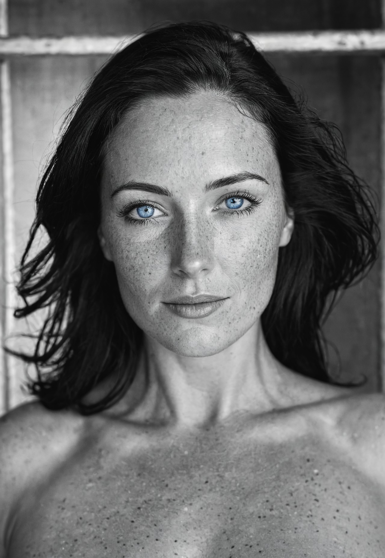 safe_pos, Stunning B&W 35mm photo of a beautiful 38 years old Dutch woman, wide angle, full body, ((kinky outfit)), perfect face, absolute beauty, sexy pose, natural raven black hair, hair tight together very slick and kinky, blue eyes, perfect eyes, detailed eyes, detailed iris, freckles, freckles and moles all over body, realistic freckles, absolute perfect tits, big tits, soft tits, natural tits, perfect nipples, hairless vagina, no pubic hair, detailed vagina, realistic vagina, satisfied smirk, proud, happy, flirting, horny, sauna, shot on Kodak, lens flare, Camera="Hasselblad X1D 50c", Lens="Hasselblad XCD 90 mm f/3.2 ", "Aperture-of=f/2.8", "ISO=100", film grain, (ultra high res:1.2),(photo-realistic:1.3) (skin pores:1.1),