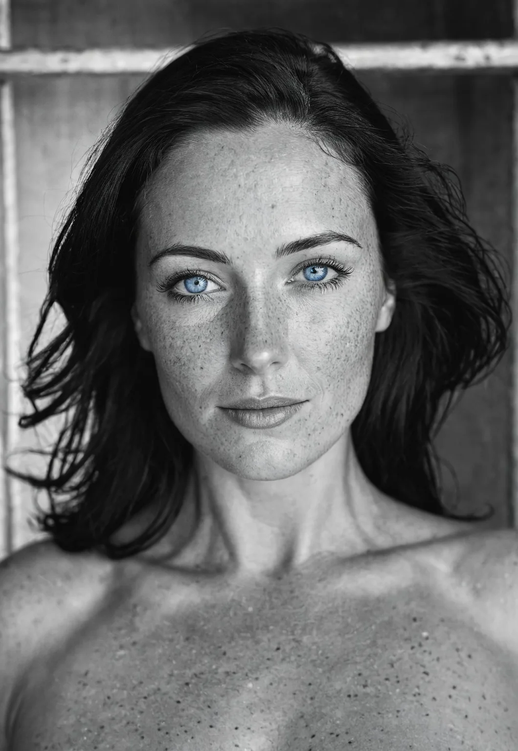 safe_pos, Stunning B&W 35mm photo of a beautiful 38 years old Dutch woman, wide angle, full body, ((kinky outfit)), perfect face, absolute beauty, sexy pose, natural raven black hair, hair tight together very slick and kinky, blue eyes, perfect eyes, detailed eyes, detailed iris, freckles, freckles and moles all over body, realistic freckles, absolute perfect tits, big tits, soft tits, natural tits, perfect nipples, hairless vagina, no pubic hair, detailed vagina, realistic vagina, satisfied smirk, proud, happy, flirting, horny, sauna, shot on Kodak, lens flare, Camera="Hasselblad X1D 50c", Lens="Hasselblad XCD 90 mm f/3.2 ", "Aperture-of=f/2.8", "ISO=100", film grain, (ultra high res:1.2),(photo-realistic:1.3) (skin pores:1.1),
