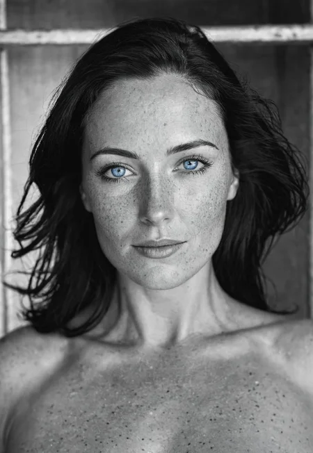 safe_pos, Stunning B&W 35mm photo of a beautiful 38 years old Dutch woman, wide angle, full body, ((kinky outfit)), perfect face, absolute beauty, sexy pose, natural raven black hair, hair tight together very slick and kinky, blue eyes, perfect eyes, detailed eyes, detailed iris, freckles, freckles and moles all over body, realistic freckles, absolute perfect tits, big tits, soft tits, natural tits, perfect nipples, hairless vagina, no pubic hair, detailed vagina, realistic vagina, satisfied smirk, proud, happy, flirting, horny, sauna, shot on Kodak, lens flare, Camera="Hasselblad X1D 50c", Lens="Hasselblad XCD 90 mm f/3.2 ", "Aperture-of=f/2.8", "ISO=100", film grain, (ultra high res:1.2),(photo-realistic:1.3) (skin pores:1.1),