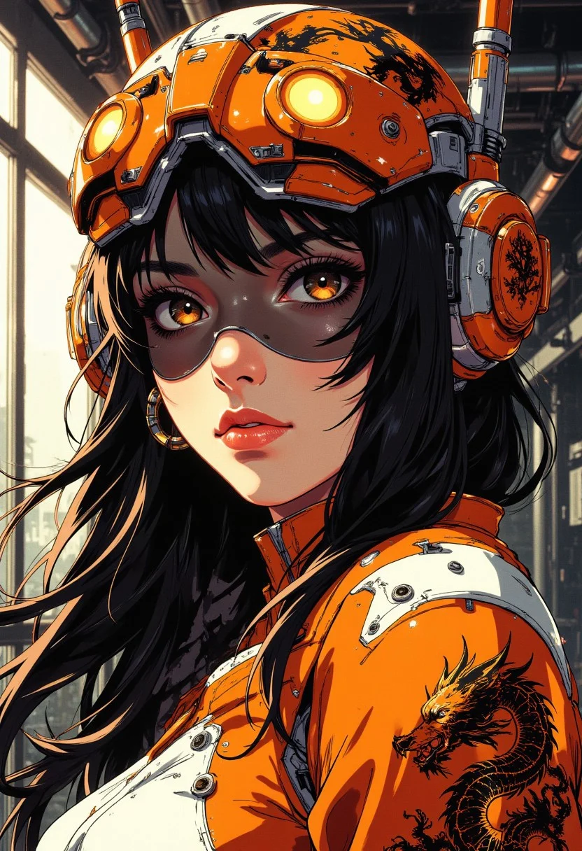 in the style of ck-mgs, j_art, portrait of a japanese sci-fi warrior princess, long hair, bangs, sidelocks, dark eyeshadow, orange and white embossed with eastern dragon motif, mecha mask, directional light