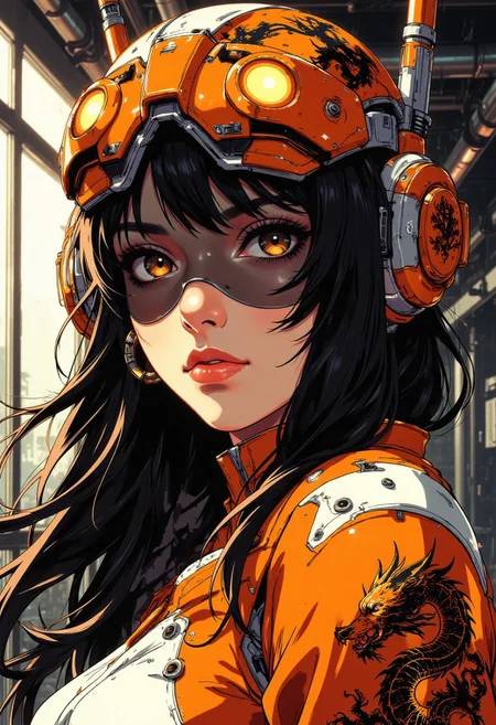in the style of ck-mgs, j_art, portrait of a japanese sci-fi warrior princess, long hair, bangs, sidelocks, dark eyeshadow, orange and white embossed with eastern dragon motif, mecha mask, directional light