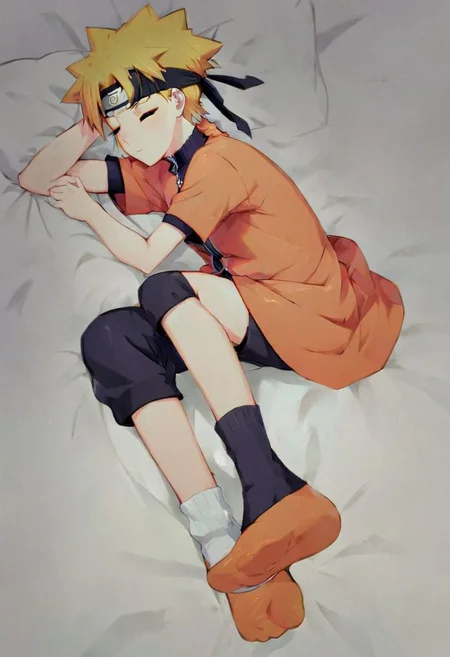 ,,naruto
  wearing socks on feetsleeping in bed,black shorts,so cute ,so sweet,
smooth top of head,
