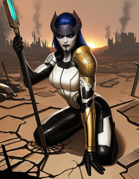 masterpiece, very aesthetic, outside, dramatic lighting, sunset, battlefield, smoke
BREAK 1girl, proximamcu, colored skin, bodysuit, shoulder armor, holding staff, kneeling, hand on ground, planted, cracked floor
<lora:ProximaMidnight-MCU_NAIXL_v10-000030:1>