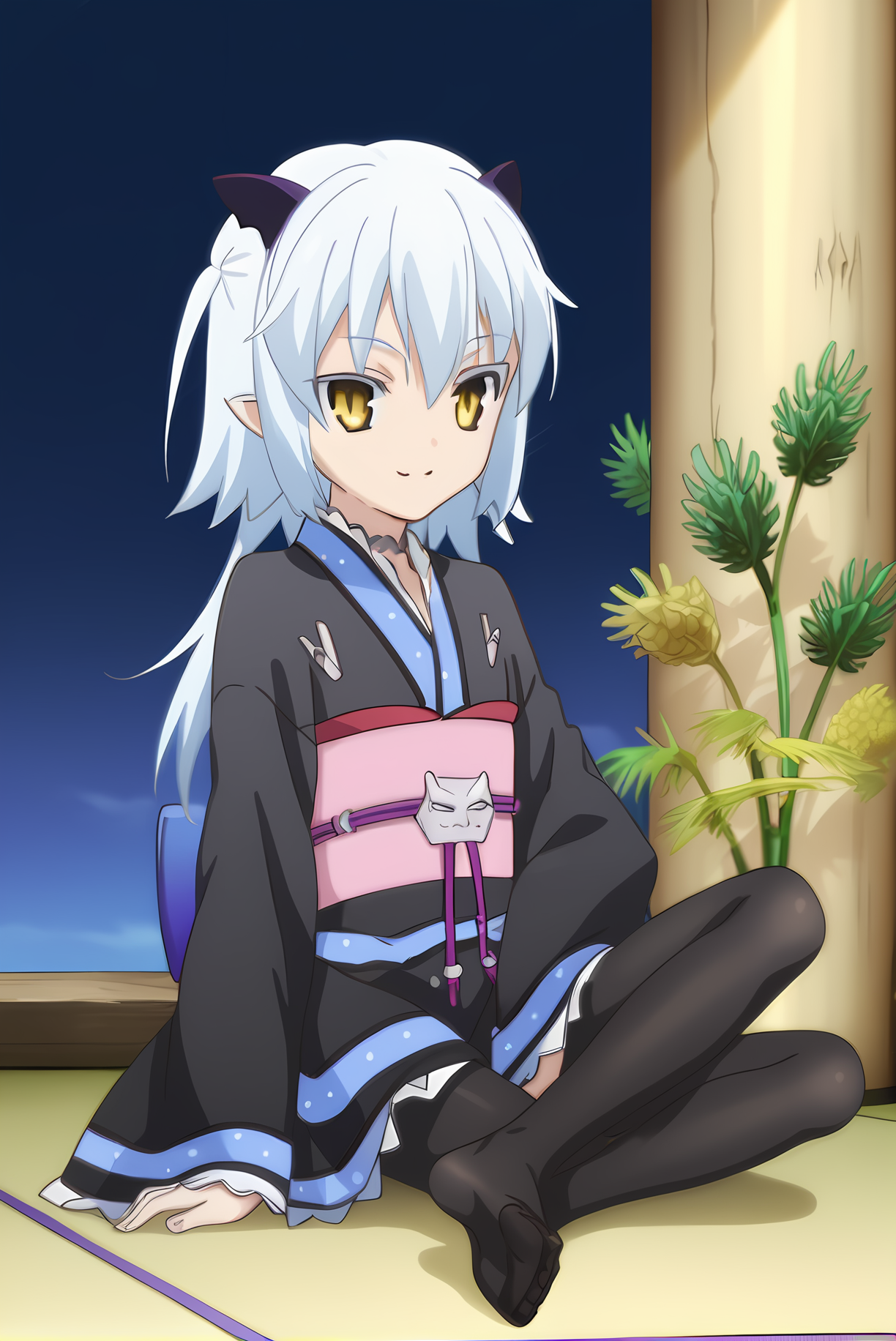 (black kimono pantyhose obi), mt-shiroyasha, white hair, yellow eyes, short horns, 1girl, solo, skinny, feet, (score_9, score_8, score_7), source_anime, happy, (castle), (1.3::full body|sitting|standing|lying|0.6::close-up| :1.20), <lora:mt-shiroyasha-V01-000003:1.00>
