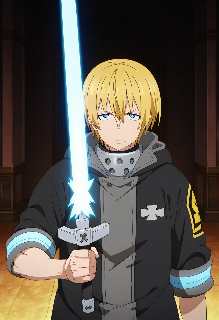 masterpiece, best quality, , anime screencap, , ,, 1boy, solo, male focus, <lora:arthur_boyle_ilxl:1>, arthur_boyle, blonde hair, blue eyes, short hair, hair between eyes, , holding sword, energy sword, ,